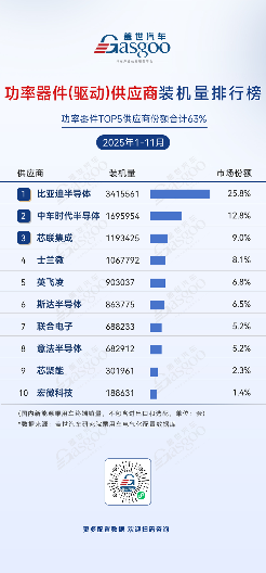2025年1-11月电气化供应商装机量排行榜：车企自供比例提升，中小厂商细分突围(图6)